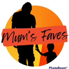 Silhouette of a man holding his toddler’s hand, against orange, yellow and red background. The words “Mum’s Faves” highlighted over it.